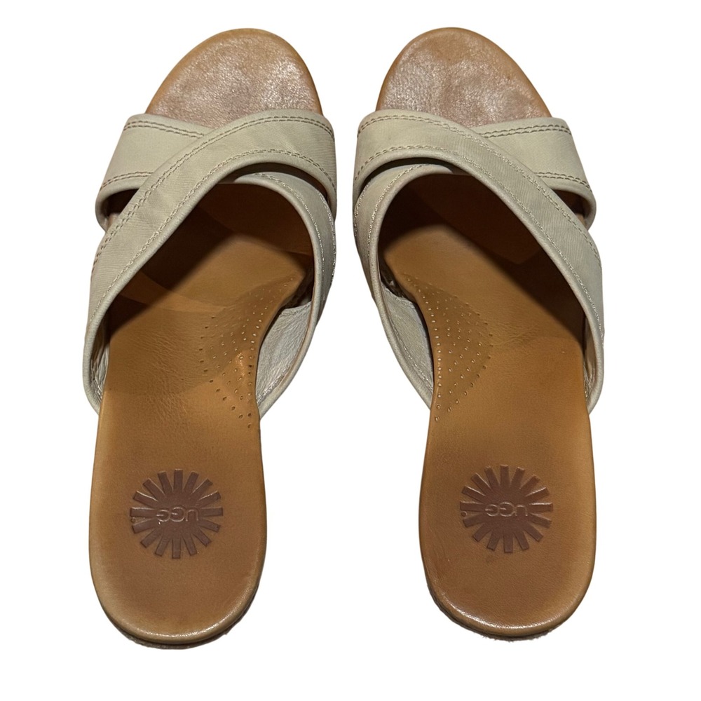 UGG Gwyn Beige Leather Espadrille Wedge Slide Sandals Women's Size 7 - Picture 4 of 13